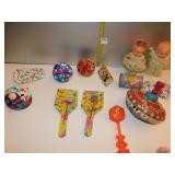 TOYS TIN NOISE MAKERS, CUPIE DOLLS, AND SHOES AND
