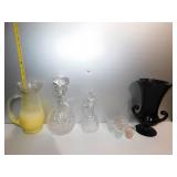 ETCHED DECANTER; CRUET; 6 FROSTED BASE CORDIALS;