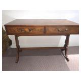 REPRODUCTION TWO DRAWER TABLE BURLED WOOD