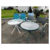 2 PATIO TABLES, 2 GREEN CHAIRS, FOLDING CHAIRS,