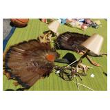 TURKEY FEATHER WALL MOUNTS AND 2 STAG LAMPS ONE