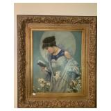 Hamilton-gold gesso frame oil of woman holding