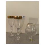2 Waterford Brandy glass & two gold rim champagne