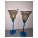 Two art glass blue stem with gold top glasses