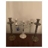 Silverplate candelabra, 2 Brass candle sticks