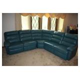 GREEN LEATHER SOFA WITH DUAL RECLINERS