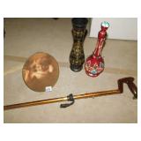 Cane, Oval picture and vase and decanter