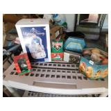 Village and Christmas ornaments in box