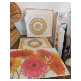 FLORAL GLASS COUNTER TRAY AND WOOD CUTTING BOARD