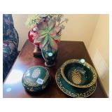PINEAPPLE MOTIF COVERED BOX, BOWL, VASE AND 3
