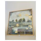 LAKE AND TREE SCENE GOLD ACCENTS -36" W X 36" H