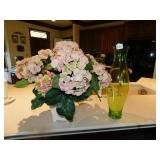 TALL GREEN VASE AND SILK FLOWERS IN PLANTER