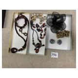 WOOD BRACELET, RED GARNET COLOR NECKLACE, DROP