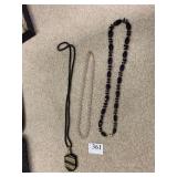 GLASS BEAD NECKLACE, PURPLE NECKLACE AND PERFUME