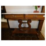 WALNUT MARBLE TOP TABLE WITH ROSE CARVED FRONT