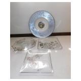 ALUMINUM TRAY, SILVER OVERLAY GLASS PLATES