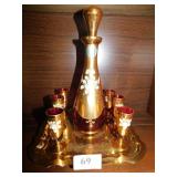 CZECH. DECANTER W/ TRAY AN ENAMELED 6 GLASSES