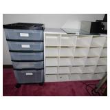 WOOD SHOE STORAGE AND ROLLING PLASTIC BIN