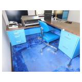 FORMICA TOP L SHAPED DESK WITH BLUE OFFICE CHAIR