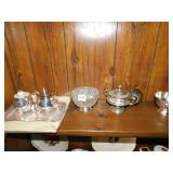 SILVER PLATE CR/SUGAR & TRAY, ROSE GLASS BOWL