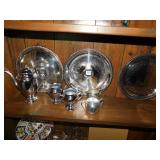 SILVER PLATE SERVING PC. - CHROME TEA SET ETC.