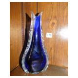 BLUE AND GREEN ART GLASS VASE 11" H