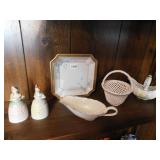 TWO JAPAN LADY BELLS, HAND PAINTED DISH, LENOX