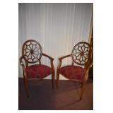 SPIDER WEB WOOD ARM CHAIRS W/ BURGUNDY UPHL.