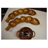 CARVED WOOD BOWL WITH LID AND WOOD DISHES 17"