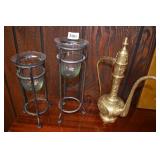 METAL CANDLES STANDS AND BRASS POT 13" H