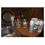 BRASS TRAYS, LEATHER HANDLE STEIN, HOLLAND BOLS