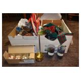 CHIRISTMAS DECORATIONS W/ PINE CONES, ORNAMENTS