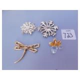 STERLING SNOWFLAKE PIN, MONET DRAGONFLY PIN ETC.