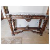 CONSOLE TABLE HEAVILY CARVED GRAY MARBLE TOP 56"