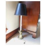 BRASS PEDESTAL LAMP 28" H WITH BLACK SHADE