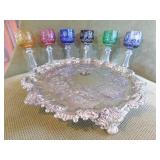 6 BOHEMIAN ETCHED CORDIALS AND SILVERPLATE