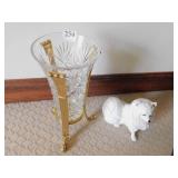 14"H BRASS VASE HOLDER AND DOG FIGURINE