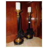 CANDLE STICKS BLACK/BRASS AND FEATHER TASSEL W/