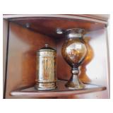 BROWN GLASS VASES 15" H & COVERED JAR 11"
