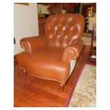 LEATHER AND CLOTH ARM CHAIR WITH ACCENT PILLOW