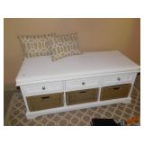 WHITE BENCH WITH 3 WICKER BASKETS AND SEAT W/