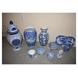 GROUP OF BLUE AND WHITE VASES AND ACCENT PIECES