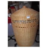 WICKER HAMPER W/ FRAYED TOWELS FOR CLEANING 22" H
