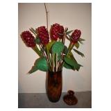 BROWN GLASS VASE WITH LID AND ARTIFICIAL FLOWERS