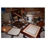 WOOD CRAB ON BOARD, VASE, PICTURE FRAMES,