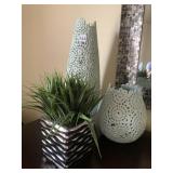 PAIR OPEN DESIGN GREEN VASES AND ARTIFICAL PLANT