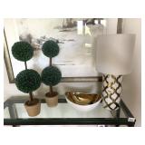 GOLD/WHITE LAMP 19" H  GOLD WHITE BOWL,  2 TOPIERY