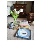 FLOWERS ARTIFICIAL IN FAUX WATER, BOOKS, CROCK