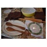 WOOD ROLLING PIN, FORK & SPOON, LENOX SERVING