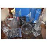 ASSORTED VASES & BLACK DECORATIVE ROCKS